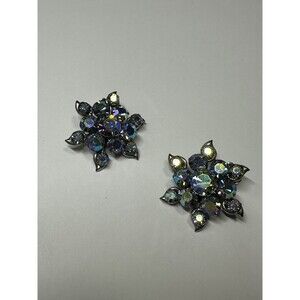 Vintage Clip On Earrings Iridescent Blue - Purple - Green Aurora Borealis
